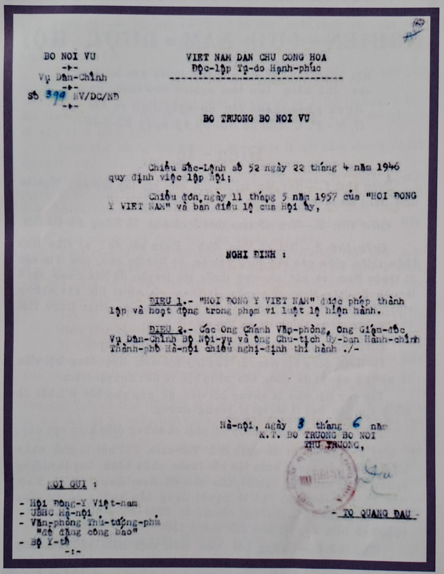 Nghị định số 399-NV/DC/NĐ ngày 3/6/1957 cho phép thành lập Hội Đông y Việt Nam